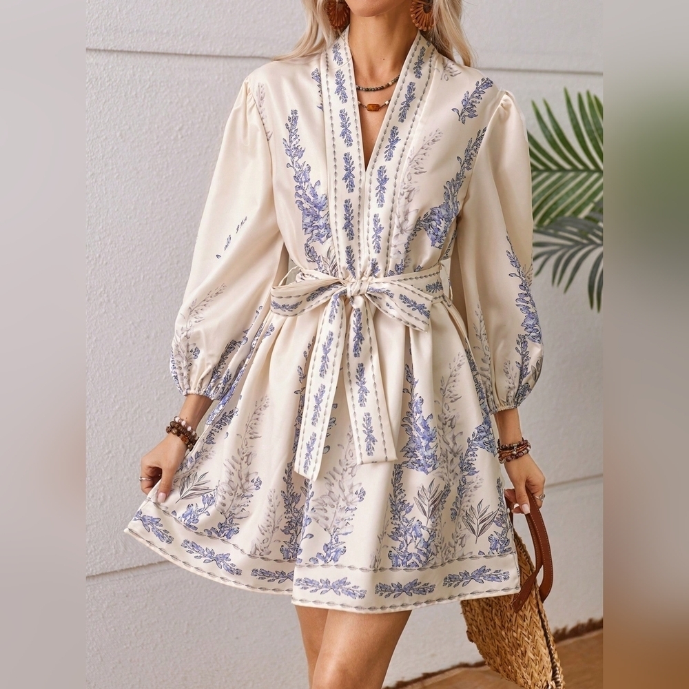 Women'S Lantern Sleeve Belted V-Neck Dress - Picture 3 of 5